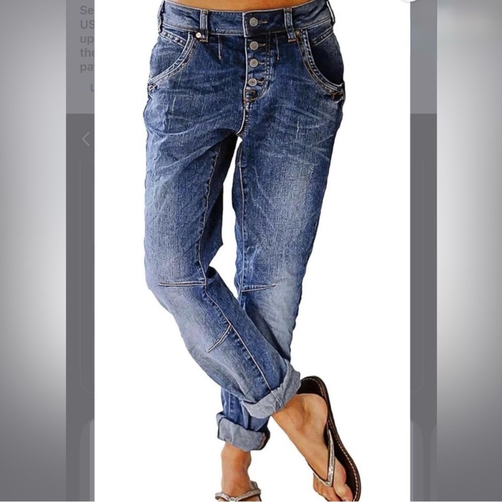 Flamingals Women's Mid Blue Straight Leg Button Fly Mid Rise Denim Pants Size L